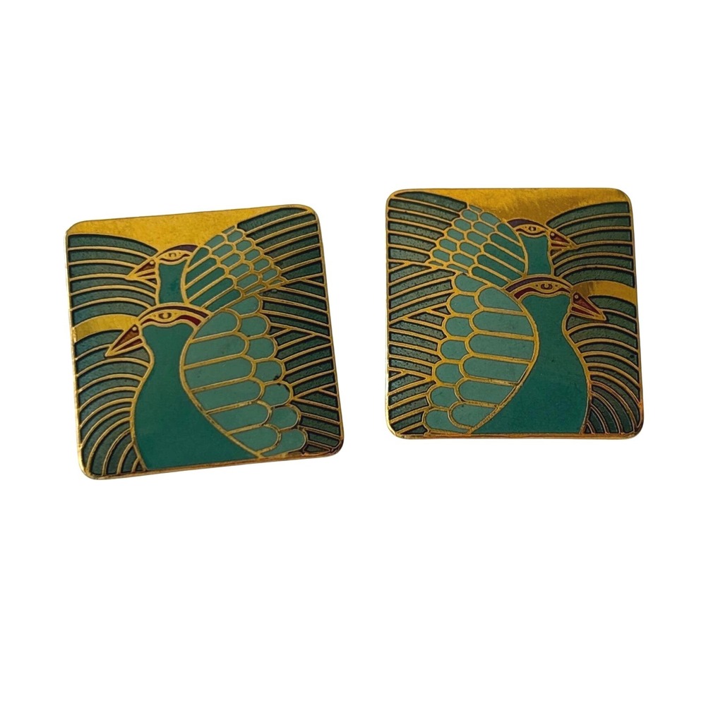 Laurel Burch Moondoves Earrings‎ Teal Gold Vintage Enamel Studs